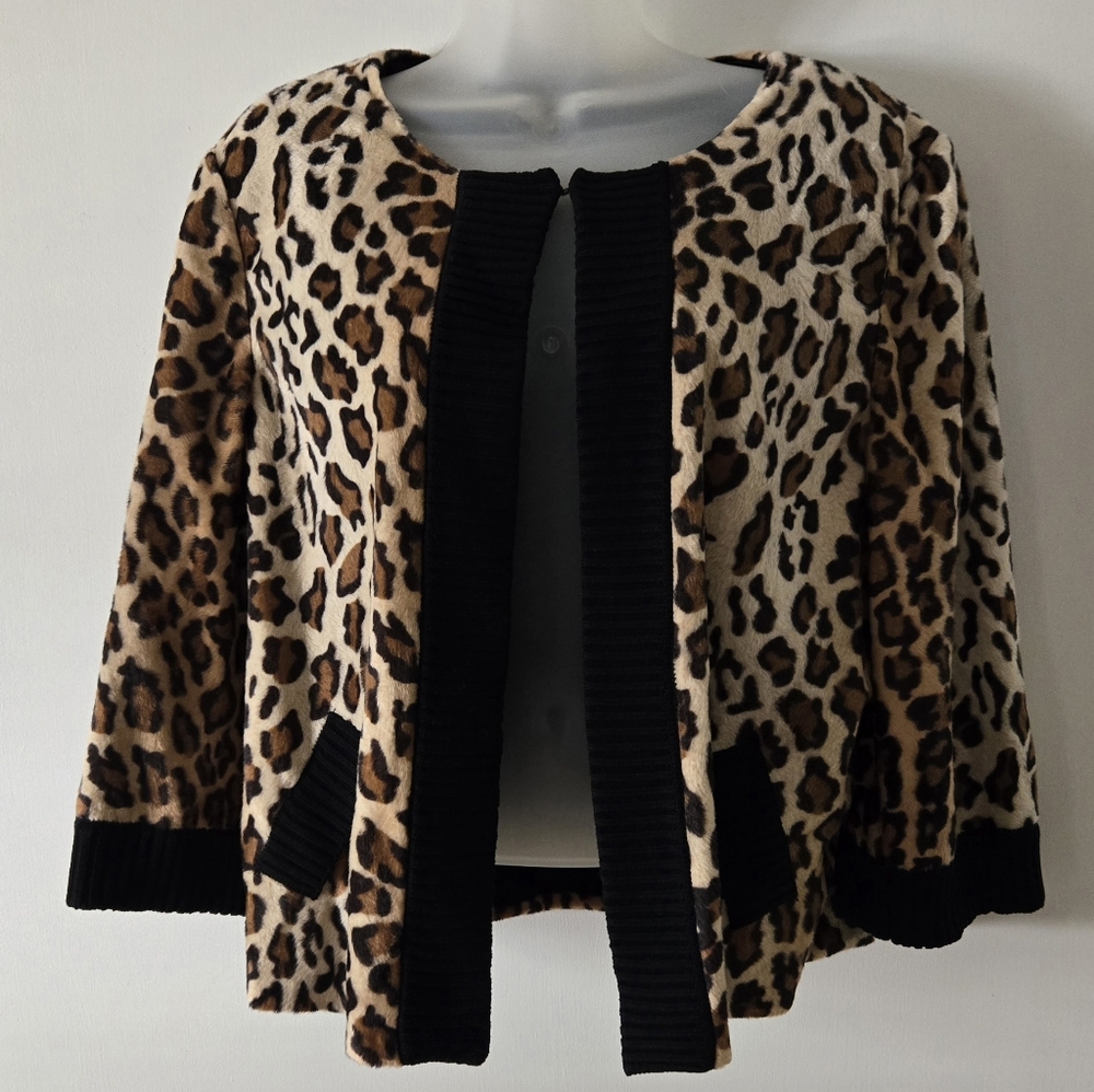 Ming Wang Open Front Cardigan Pretty Faux Fur Size Medium 3/4 Sleeves